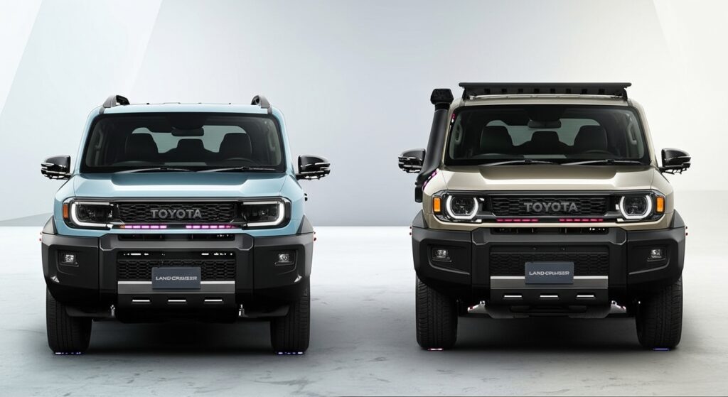 “2025 Toyota FJ Cruiser compact off-roader with rugged design and retro headlights, parked on mountain terrain under clear sky”