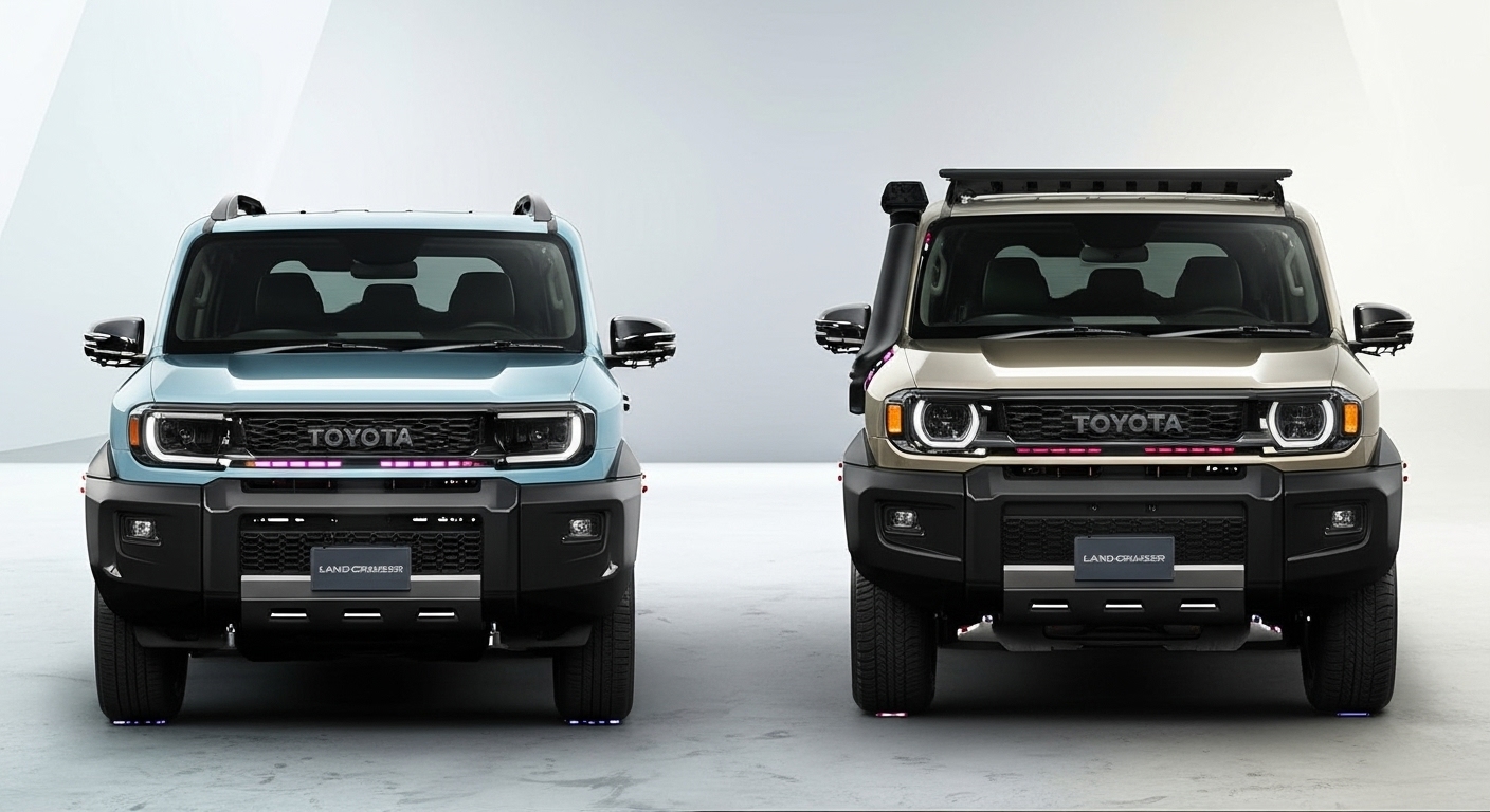 “2025 Toyota FJ Cruiser compact off-roader with rugged design and retro headlights, parked on mountain terrain under clear sky”