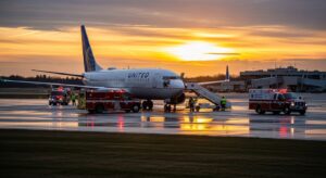 United Airlines Boeing 737 parked on runway after emergency diversion due to cracked cockpit windshield