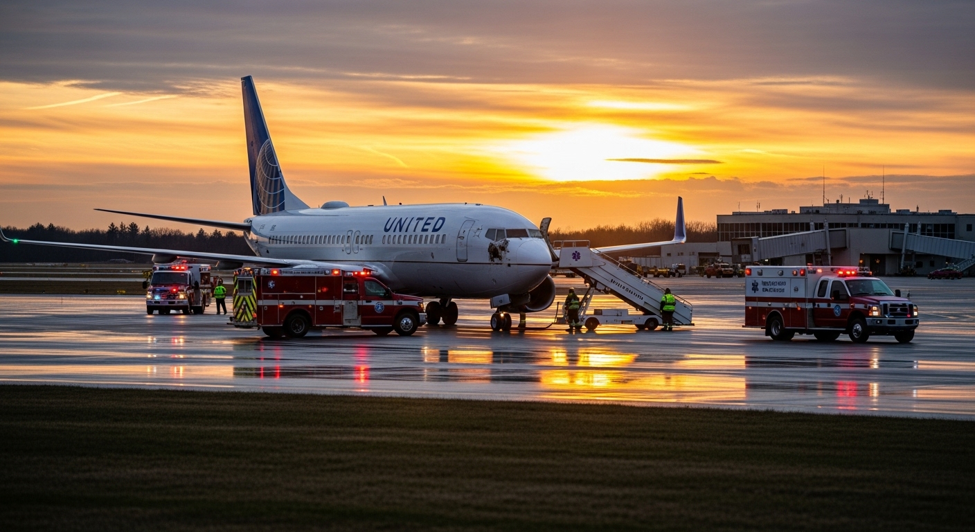 United Airlines Boeing 737 parked on runway after emergency diversion due to cracked cockpit windshield