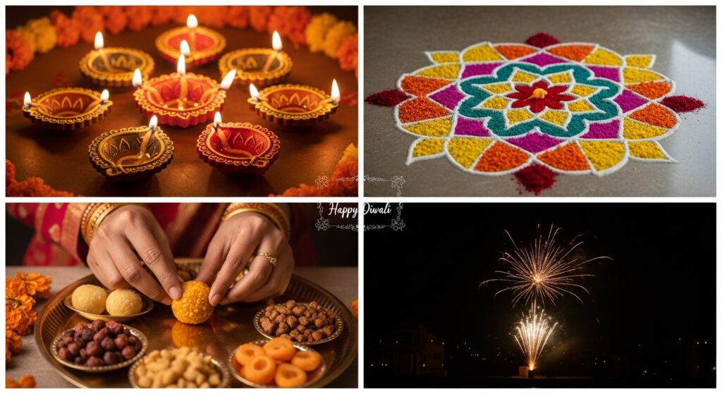 “Colorful Diwali lamps and candles glowing at night with rangoli patterns, symbolizing light over darkness and celebration of the Festival of Lights”