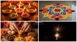 “Colorful Diwali lamps and candles glowing at night with rangoli patterns, symbolizing light over darkness and celebration of the Festival of Lights”