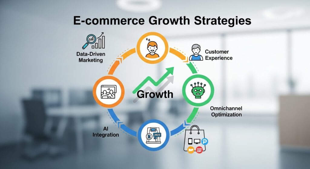 “Digital e-commerce strategy illustration showing data analytics, AI, and customer experience integration for brand growth”
