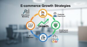 “Digital e-commerce strategy illustration showing data analytics, AI, and customer experience integration for brand growth”