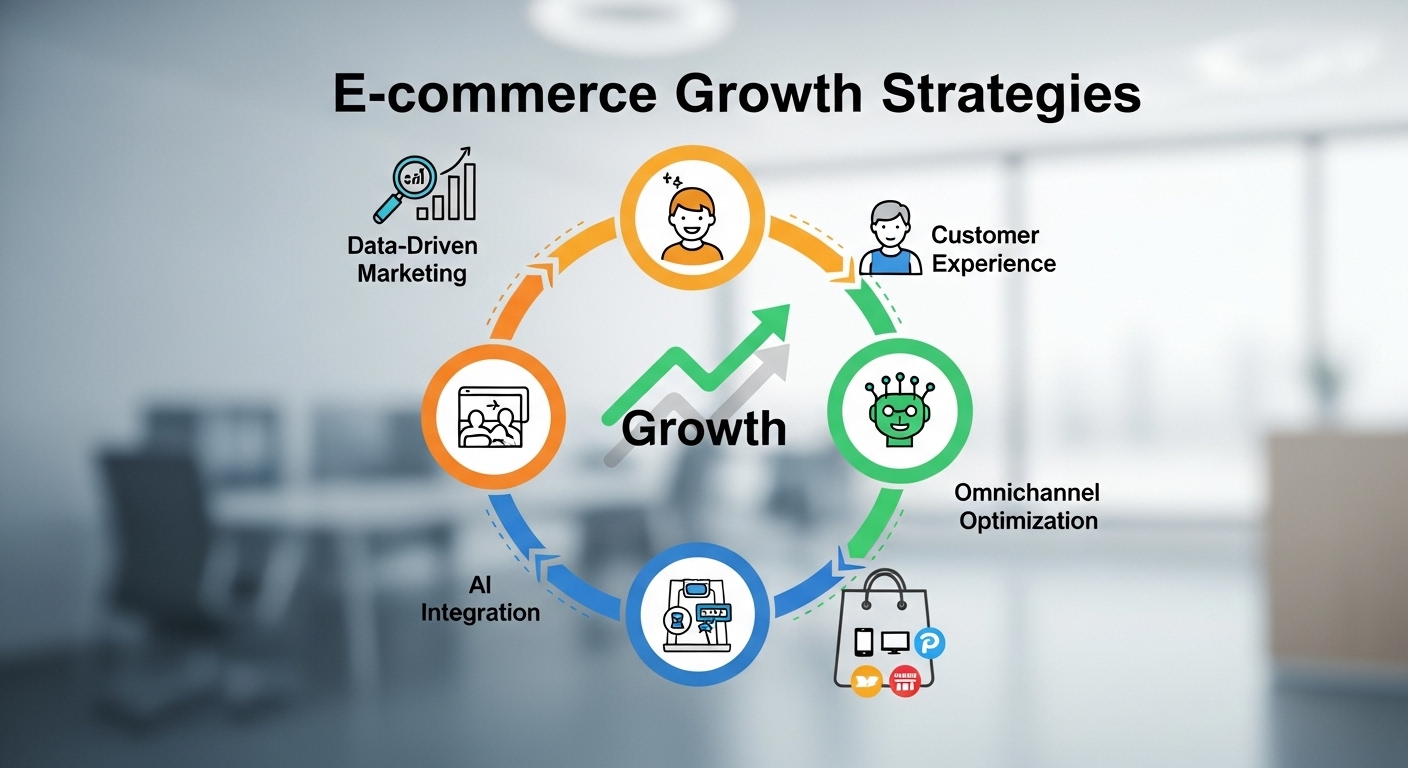 “Digital e-commerce strategy illustration showing data analytics, AI, and customer experience integration for brand growth”