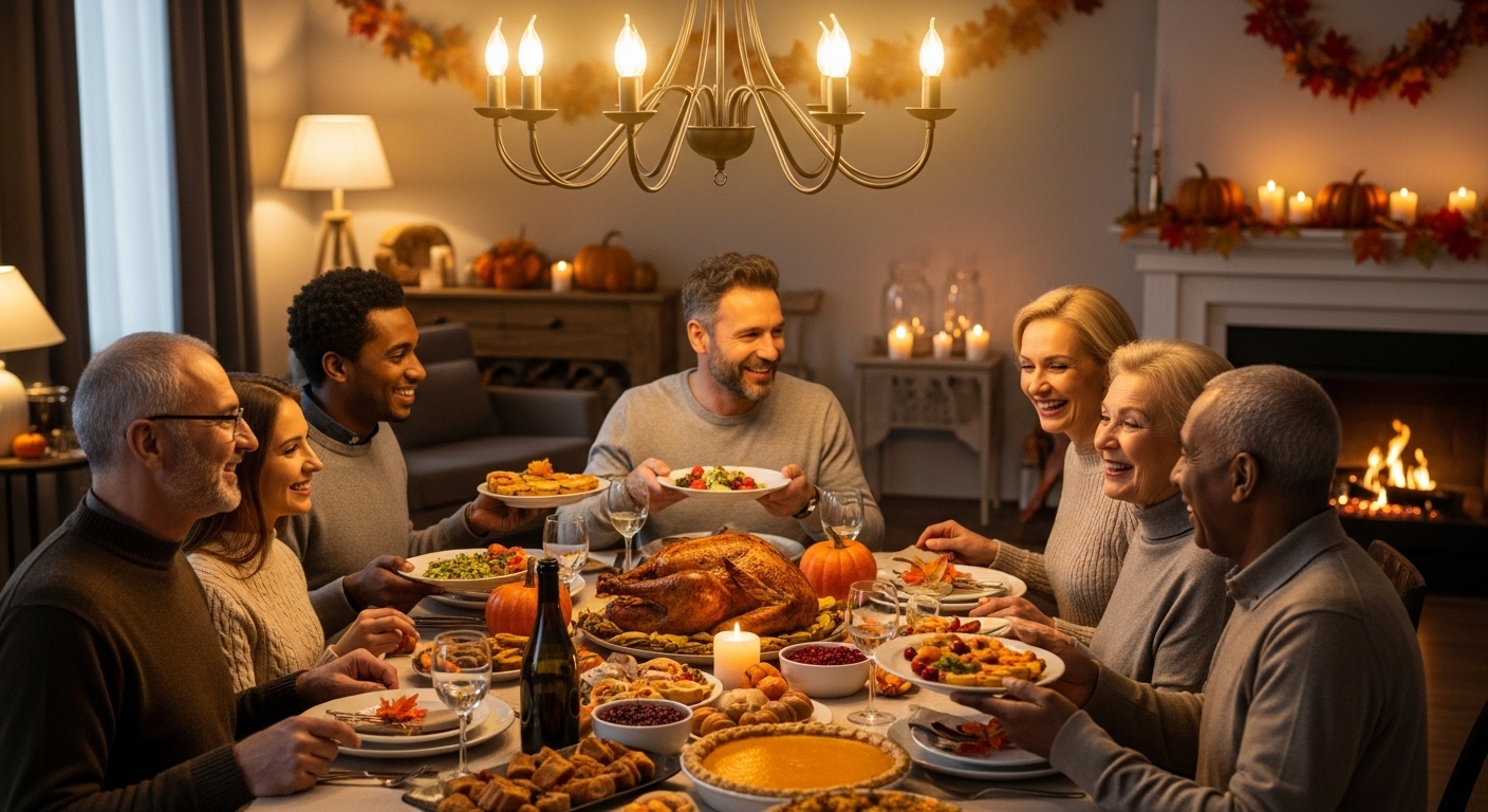 “Family gathered around a Thanksgiving dinner table with turkey, candles, and autumn decorations symbolizing gratitude and togetherness”