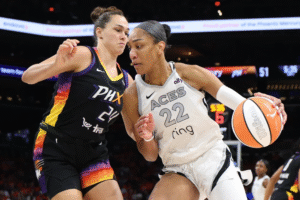 A’ja Wilson celebrates after hitting the game-winning shot against the Phoenix Mercury