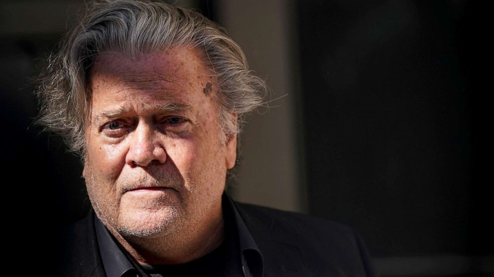 Steve Bannon speaking during a political event in Washington, claiming Donald Trump will return for a third term in 2028.