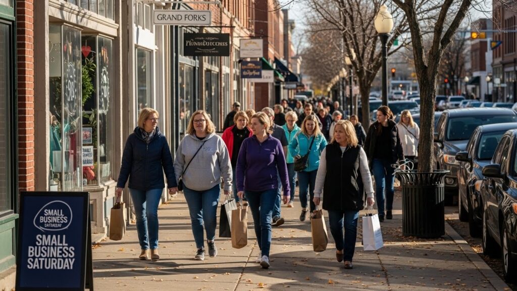 Shoppers walking through downtown Grand Forks on Small Business Saturday.