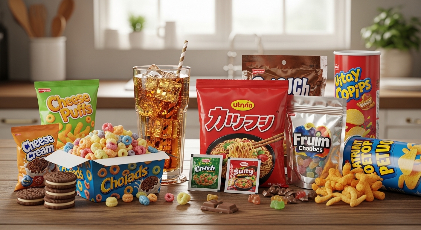 Assortment of ultra-processed food items such as instant noodles, sugary cereals and soft drinks.