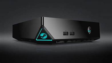 Valve Steam Machine console setup showcasing the redesigned Steam Controller 2 and Steam Frame VR headset on a desk.