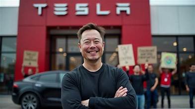 Elon Musk on stage at Tesla’s Austin annual meeting with dancing robots, marking the start of a new chapter for Tesla