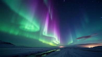 Vivid green and pink aurora borealis over Central Florida night sky.