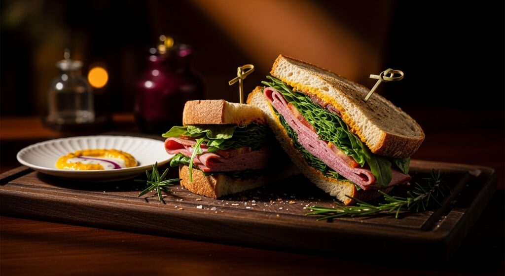 Variety of fresh sandwiches on a wooden board — turkey club, BLT, veggie wrap, and grilled cheese — celebrating National Sandwich Day 2025