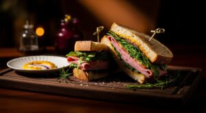 Variety of fresh sandwiches on a wooden board — turkey club, BLT, veggie wrap, and grilled cheese — celebrating National Sandwich Day 2025