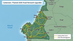 “Map of Cameroon showing planned 2026 road network upgrades.”