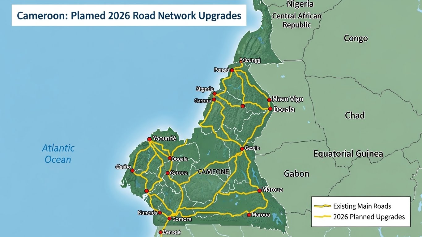 “Map of Cameroon showing planned 2026 road network upgrades.”