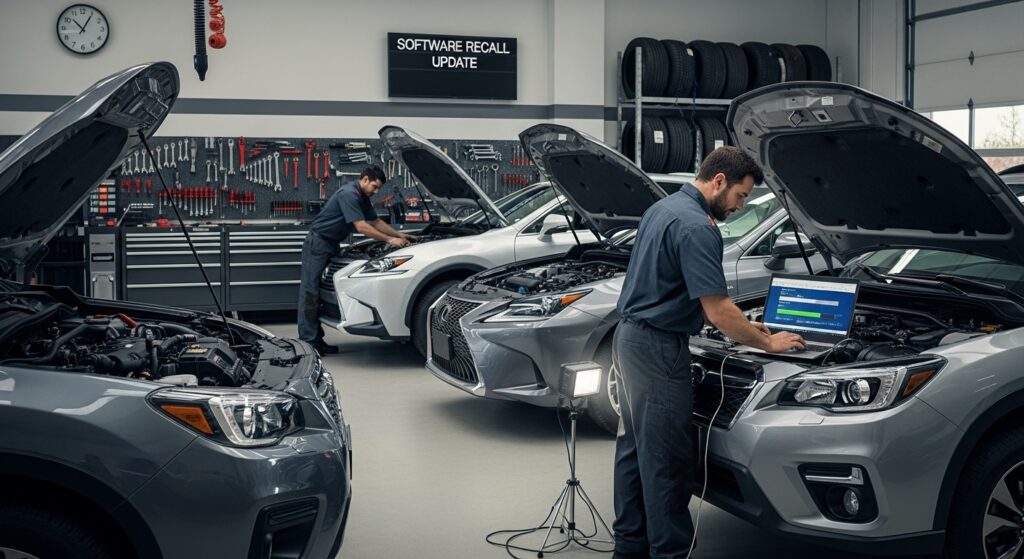 Toyota, Lexus and Subaru vehicles parked side by side with a mechanic updating software — representing the million-plus vehicle recall.
