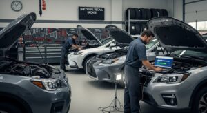 Toyota, Lexus and Subaru vehicles parked side by side with a mechanic updating software — representing the million-plus vehicle recall.