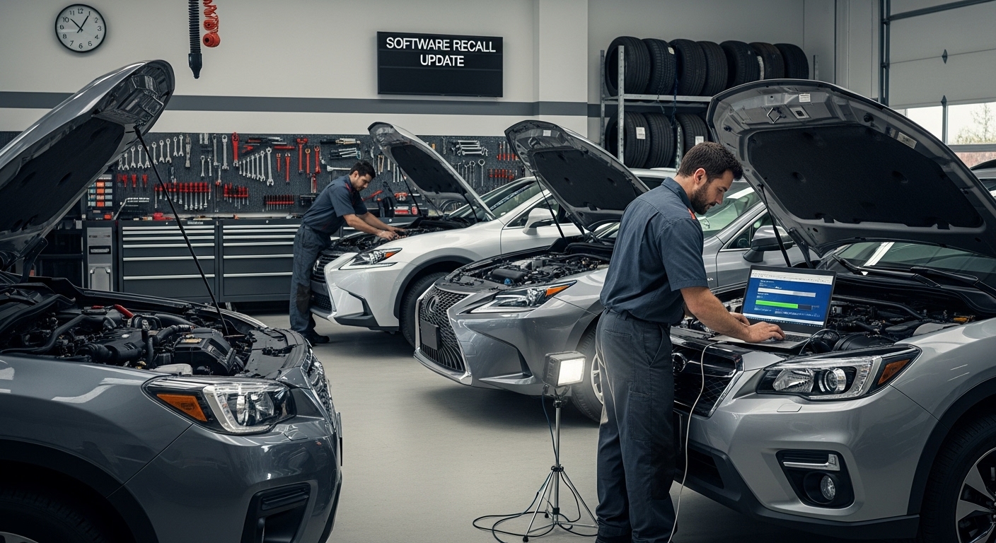 Toyota, Lexus and Subaru vehicles parked side by side with a mechanic updating software — representing the million-plus vehicle recall.