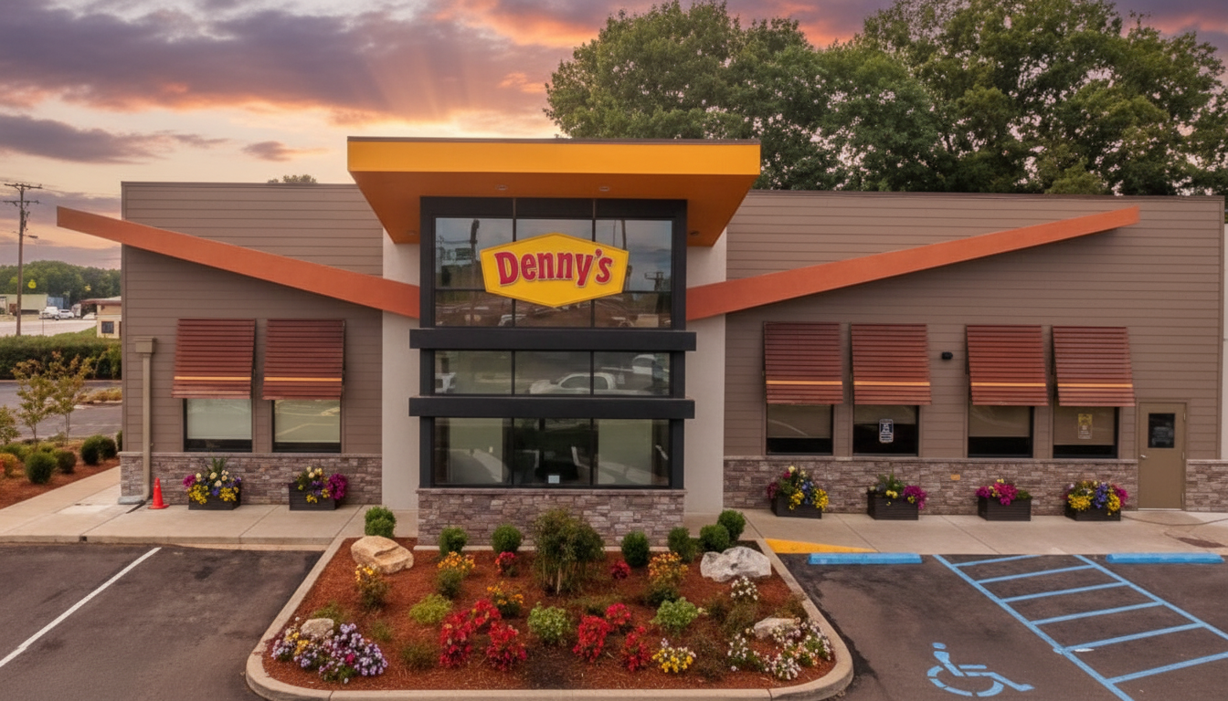 Exterior view of a Denny’s diner under evening lights, symbolizing its transition to private ownership after a $620 million acquisition.