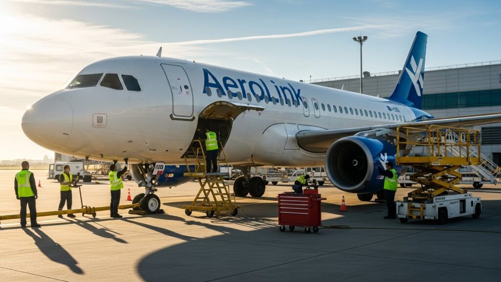 Airbus A320 aircraft parked on the tarmac during routine inspection.