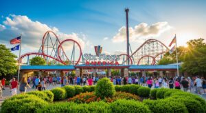 Crowd of visitors during final day at Six Flags America in Bowie, Maryland, capturing the farewell to the 50-year-old amusement park.