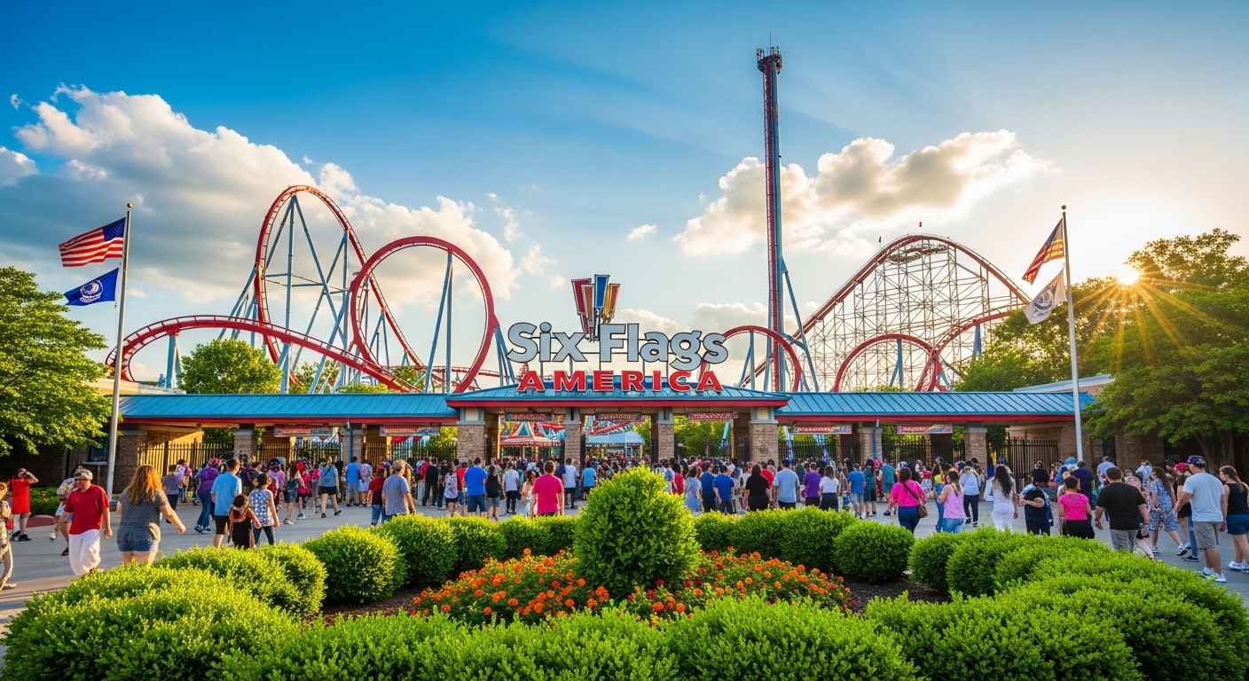 Crowd of visitors during final day at Six Flags America in Bowie, Maryland, capturing the farewell to the 50-year-old amusement park.