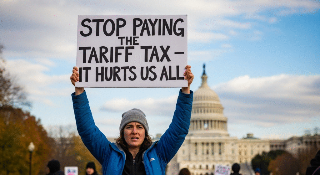 “Protester holding a sign about tariff payments in Washington, D.C.”