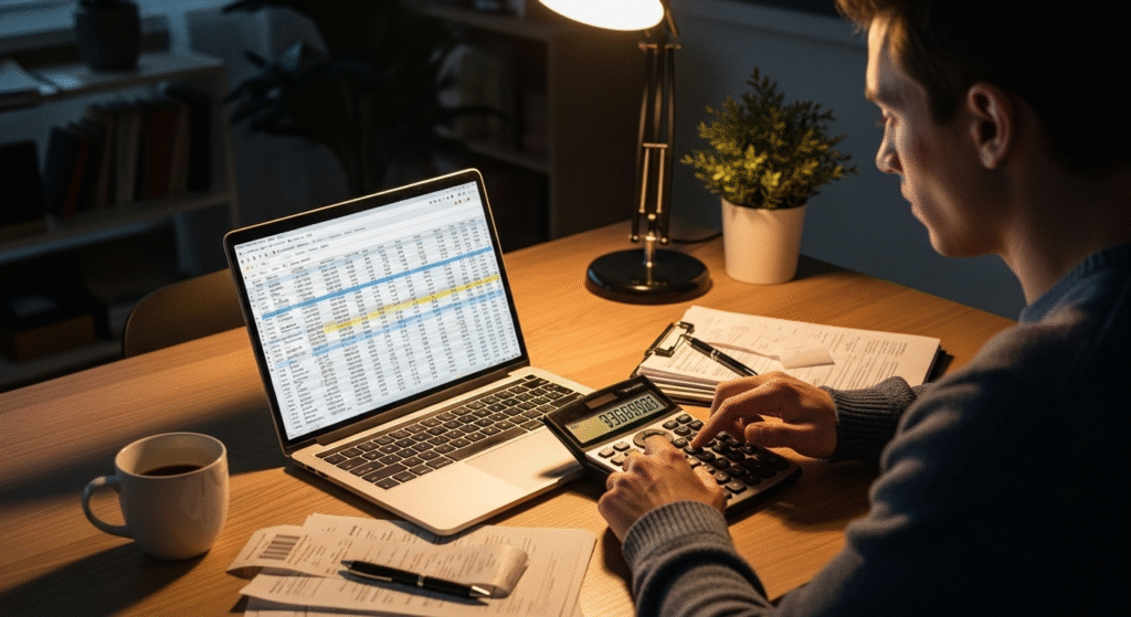 “Person calculating year-end tax savings using laptop and calculator”