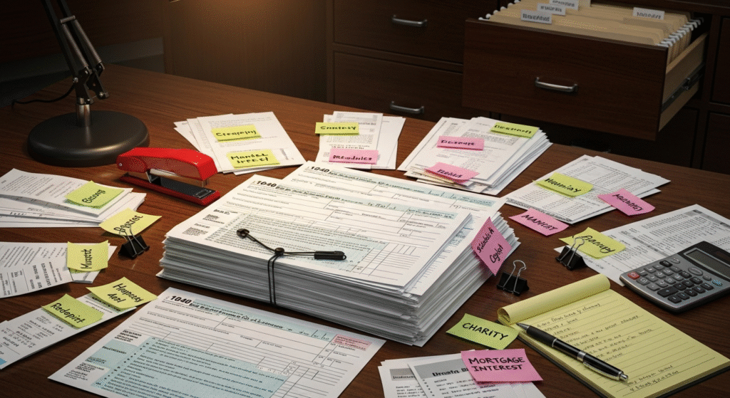 “IRS tax forms and documents arranged for filing preparation”