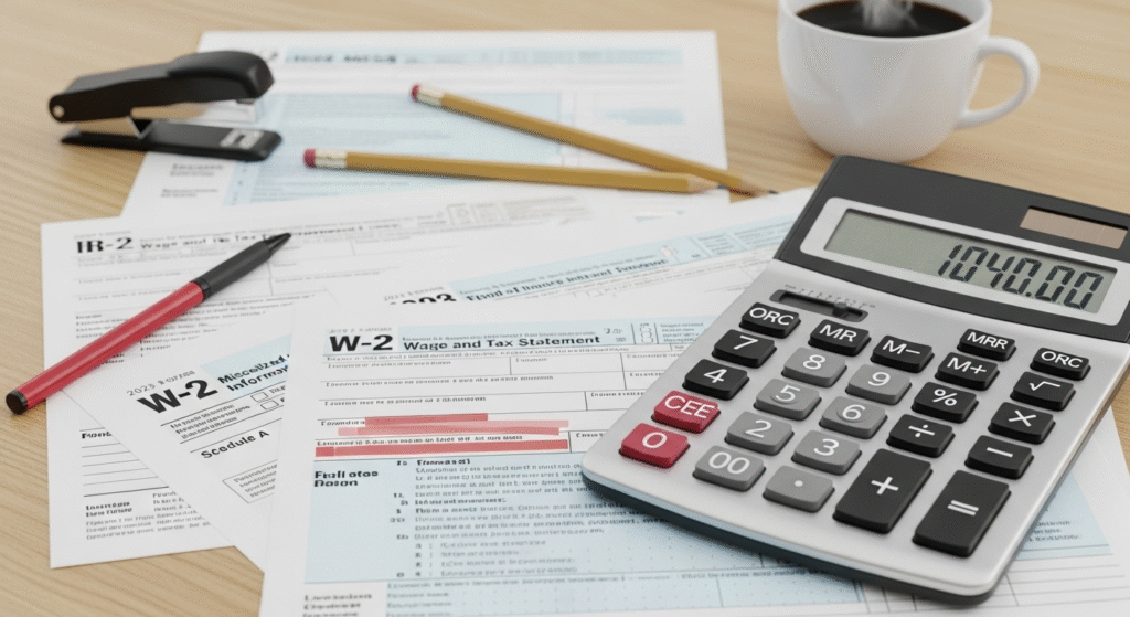 “Calculator, W-2, and 1099 forms used for IRS tax filing”