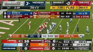 “Television screen showing NBC college football broadcast with scoreboard overlay.” 