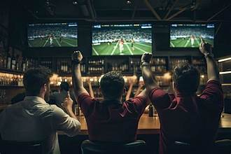 “Group of fans watching a college football game at a sports bar.”