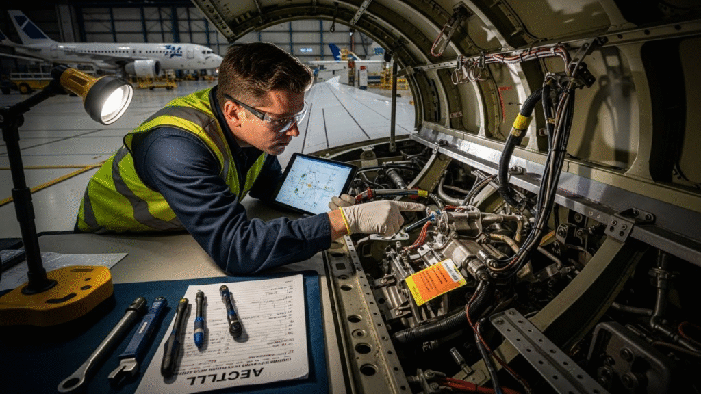 Engineer examining Airbus A320 components during recall inspection.