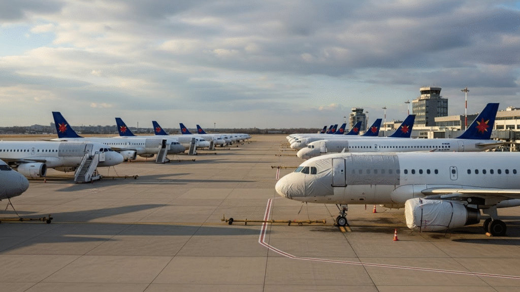 Grounded A320 fleet awaiting safety clearance.