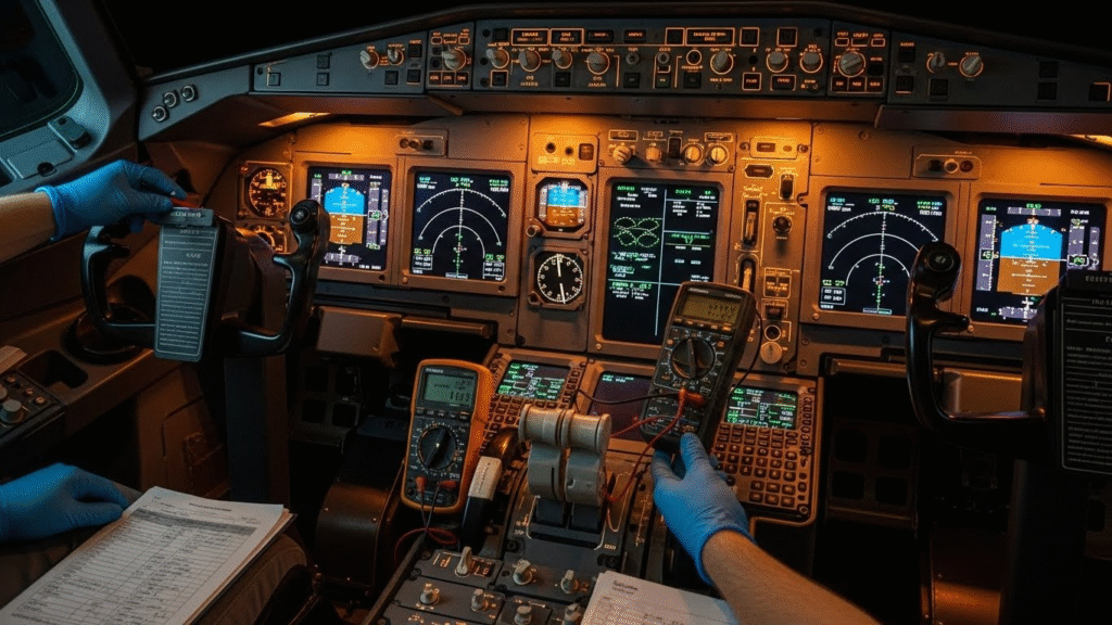 Close-up view of A320 cockpit systems under inspection.