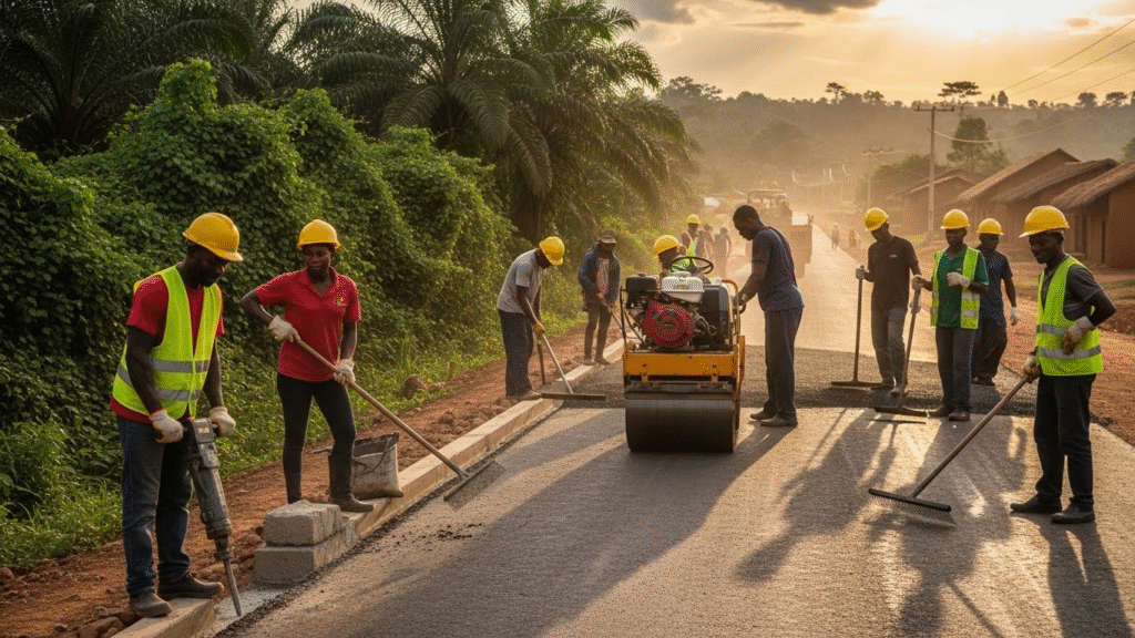 Construction crew working on a new paved road in Cameroon.