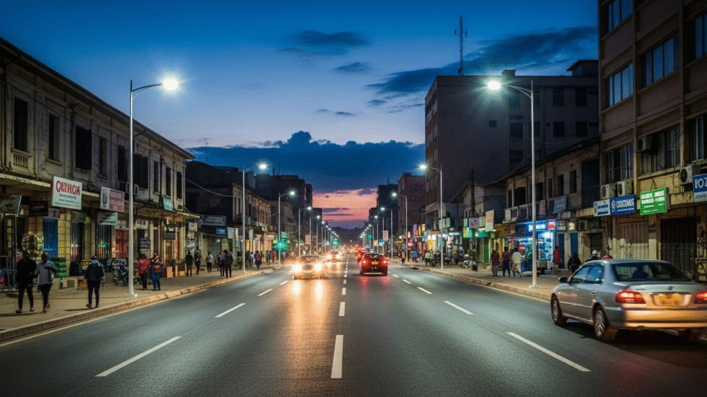 Urban street in Yaoundé with new streetlights and rehabilitated roads.