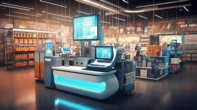 “Inside a modern Walmart store showcasing digital retail innovations, automated checkout, and online pickup services.”