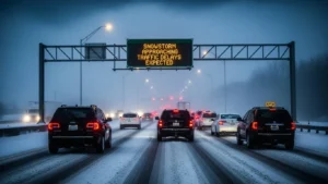 Snowstorm approaching during First Alert Weather Day with traffic delays expected.