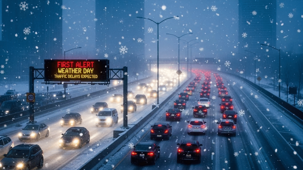 Drivers navigating slippery roads during severe winter weather conditions.