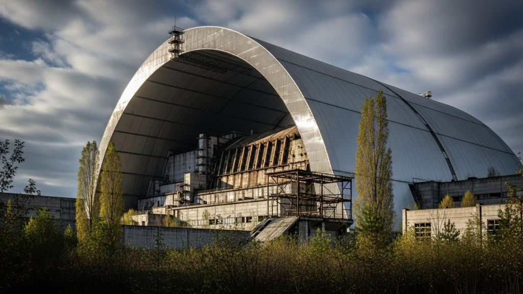 Chernobyl Reactor 4 sarcophagus and New Safe Confinement structure