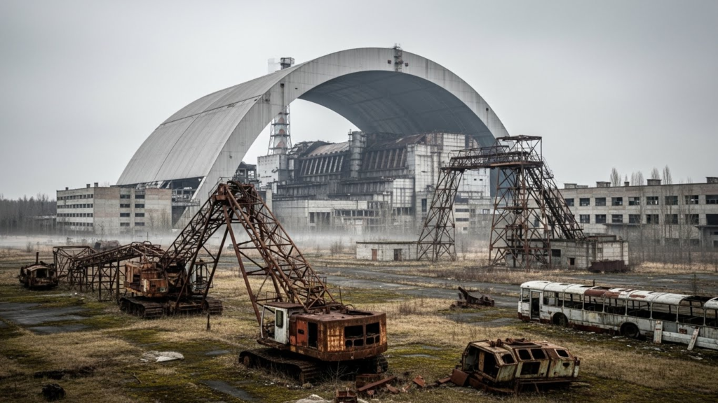 Chernobyl nuclear power plant ruins and contaminated area