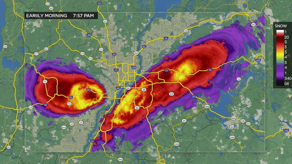 Weather radar showing heavy snow bands impacting major commuter routes.