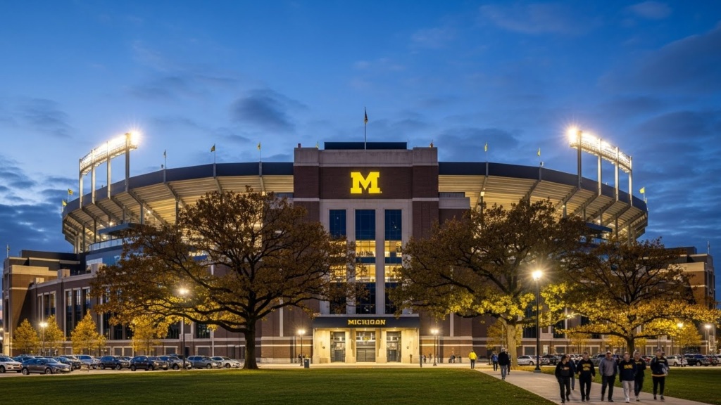 “University of Michigan football stadium exterior view during evening hours.”