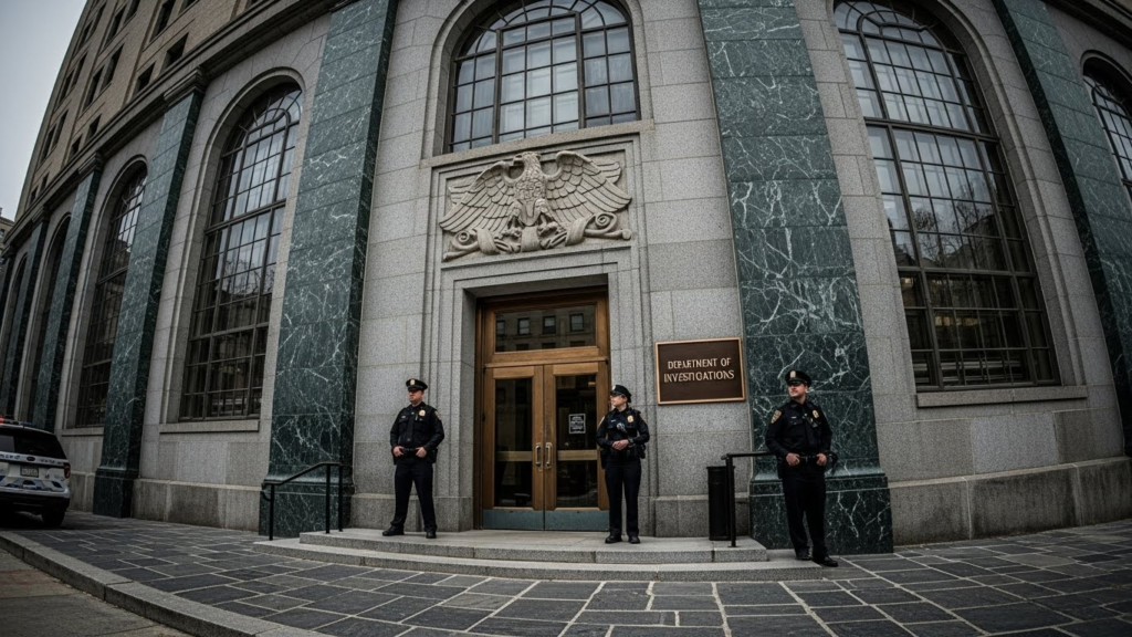 “Law enforcement building entrance where investigations are typically conducted.”