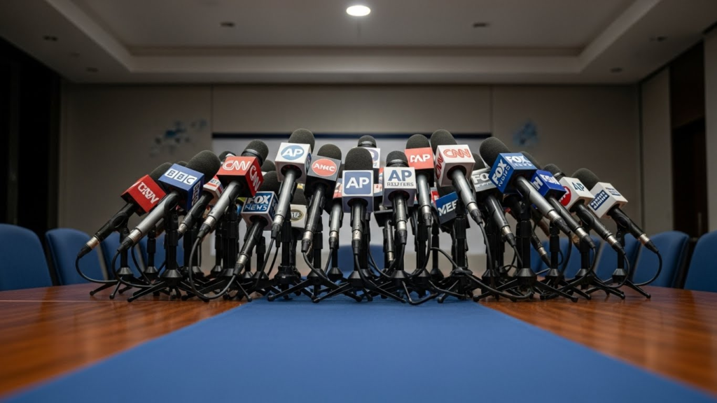 “Press microphones set up for statement regarding Sherrone Moore investigation.”