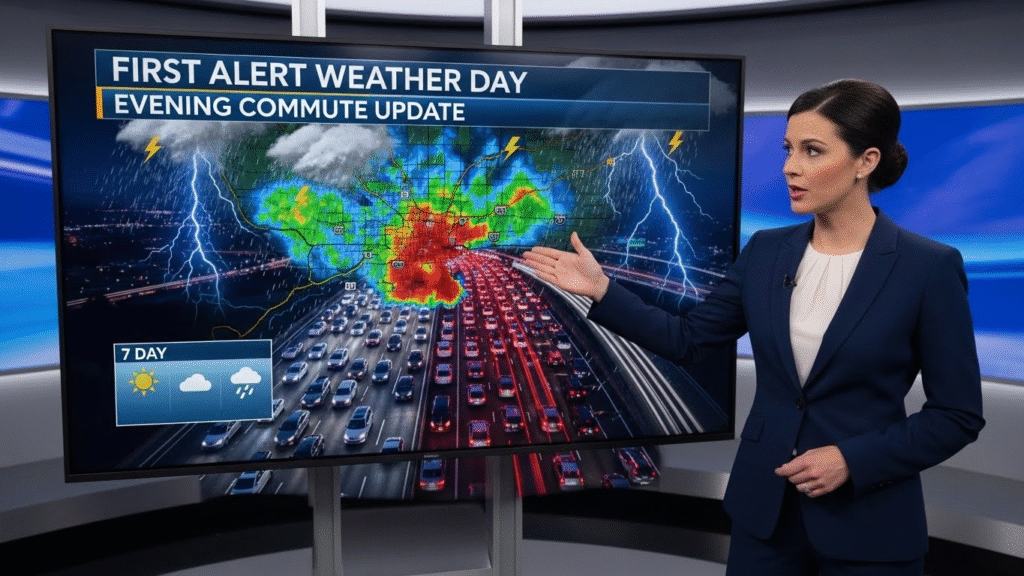Meteorologist issuing First Alert Weather Day update for evening commute.