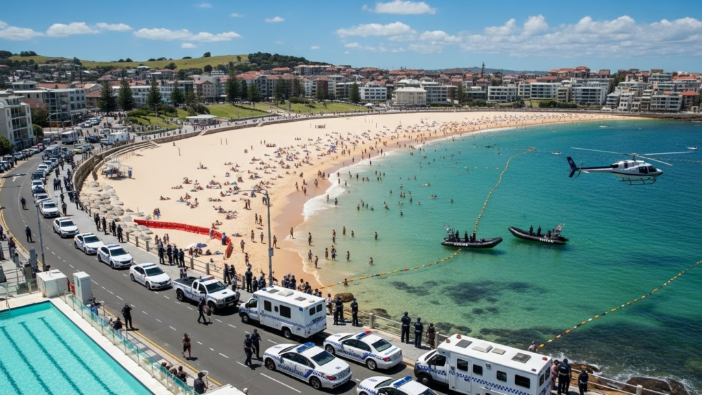 Aerial view of Bondi Beach under heightened security